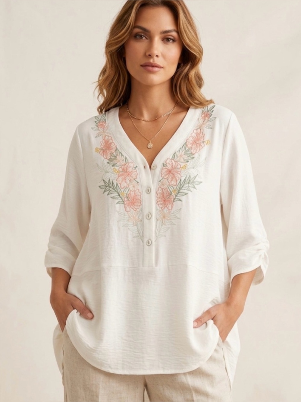 Embroidered V-Neck Peasant Top in Cream with Coral Floral Detail XL
